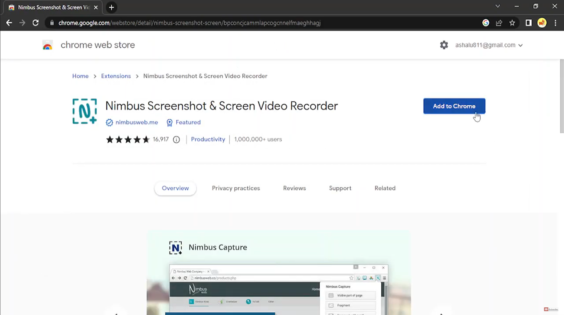 Adding the Nimbus Screen Capture extension to Chrome