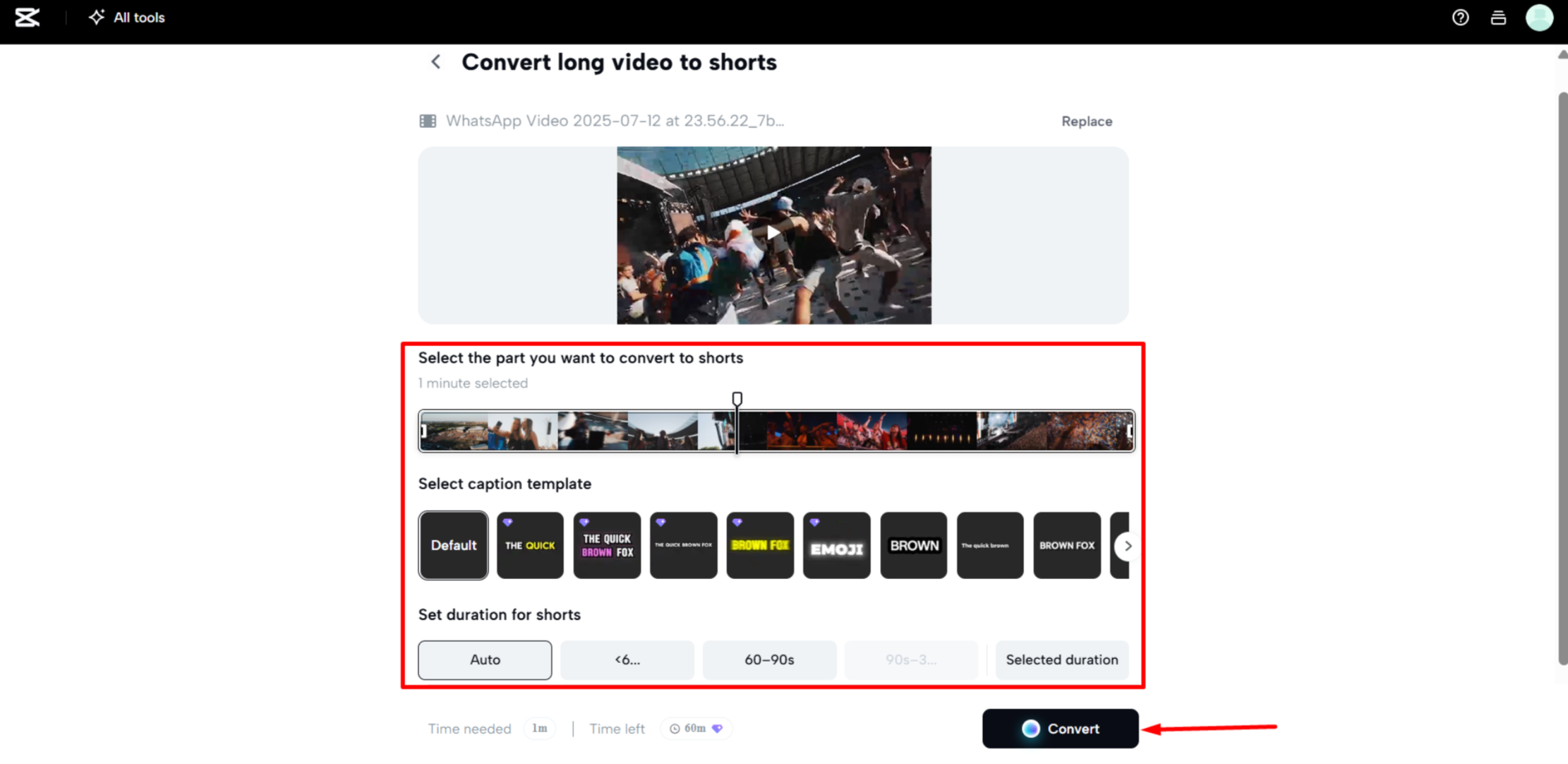 Memilih bahagian tertentu video untuk Shorts dalam CapCut Web