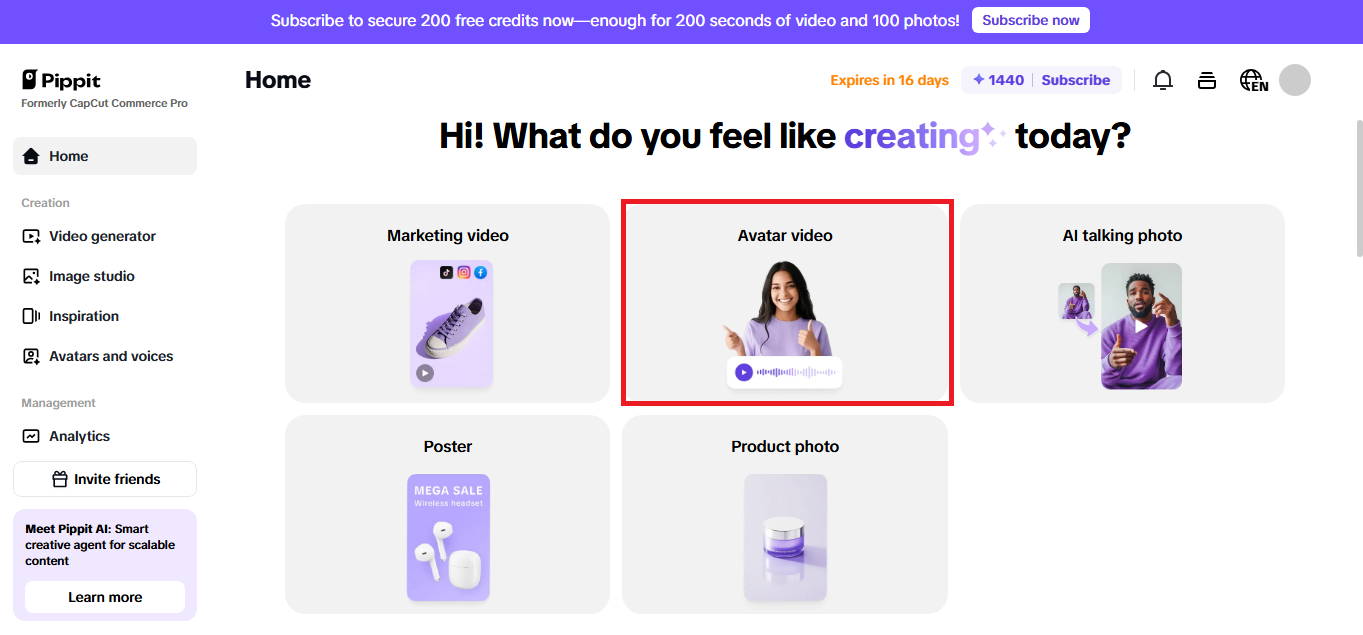 Pippit's main interface showing AI Avatar video feature
