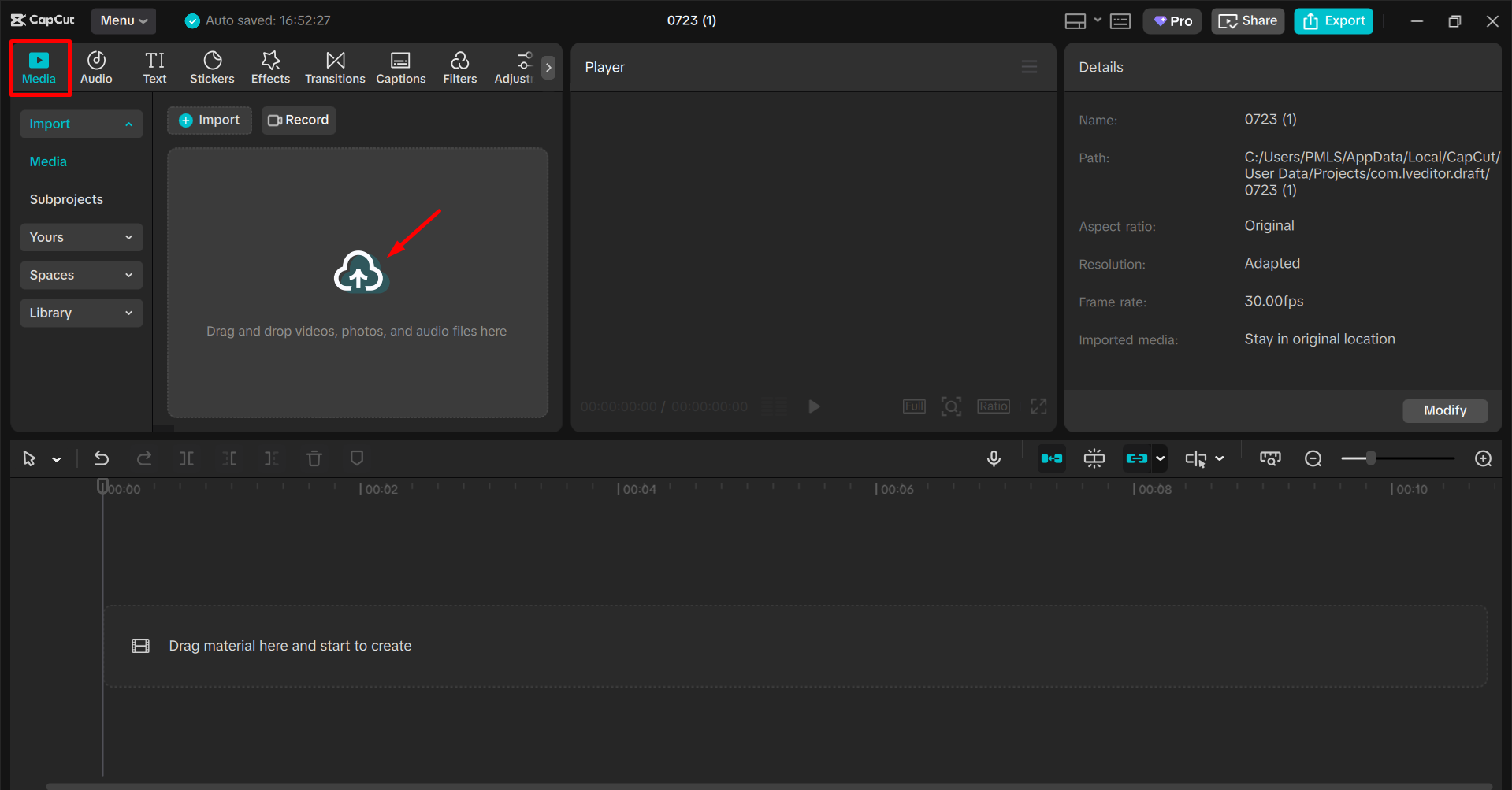 Importing the video into the CapCut desktop video editor
