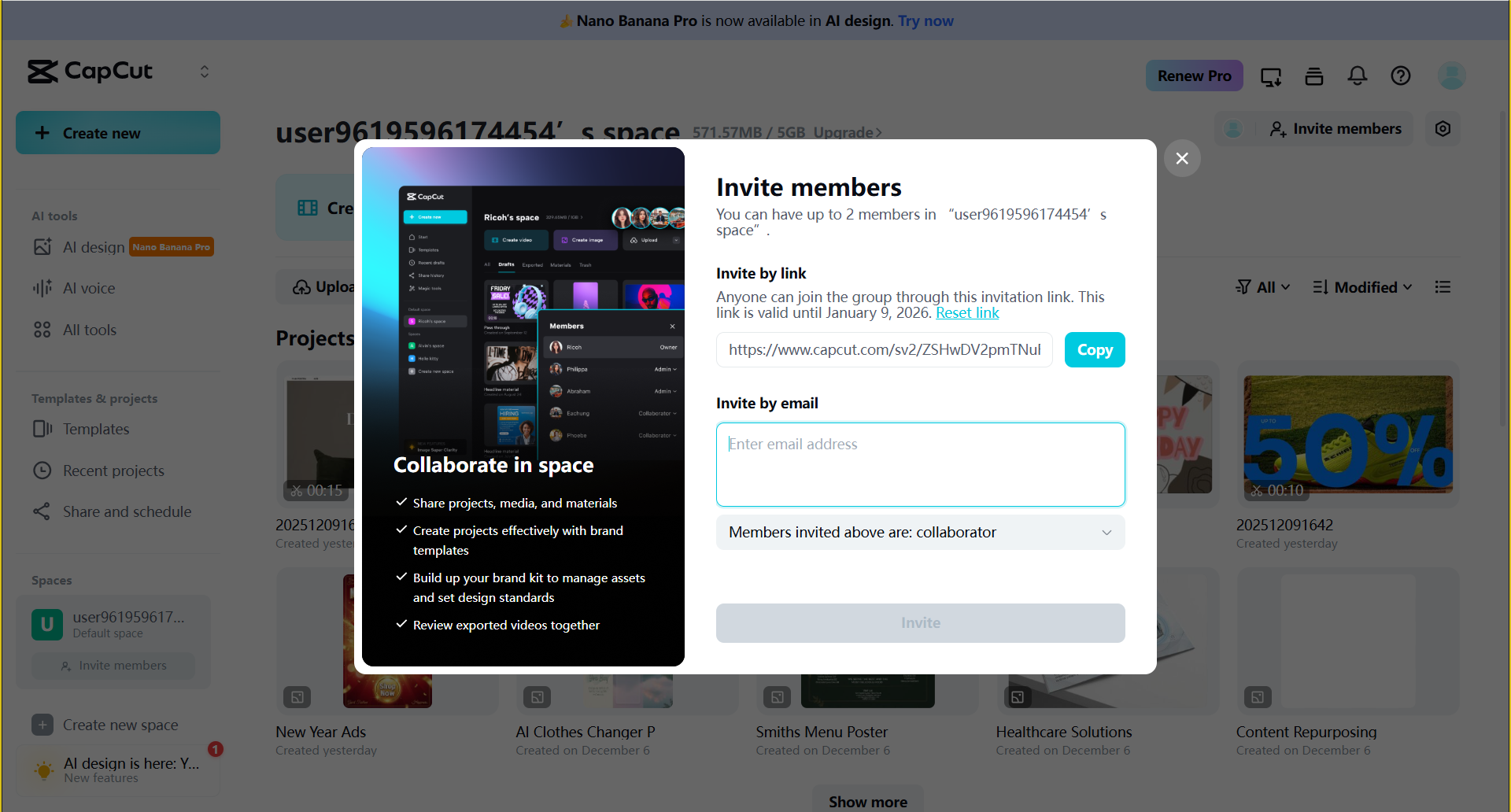 Either invite by link or invite by email