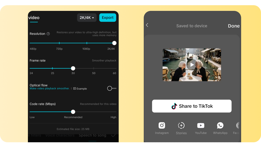 Instant export for seamless sharing