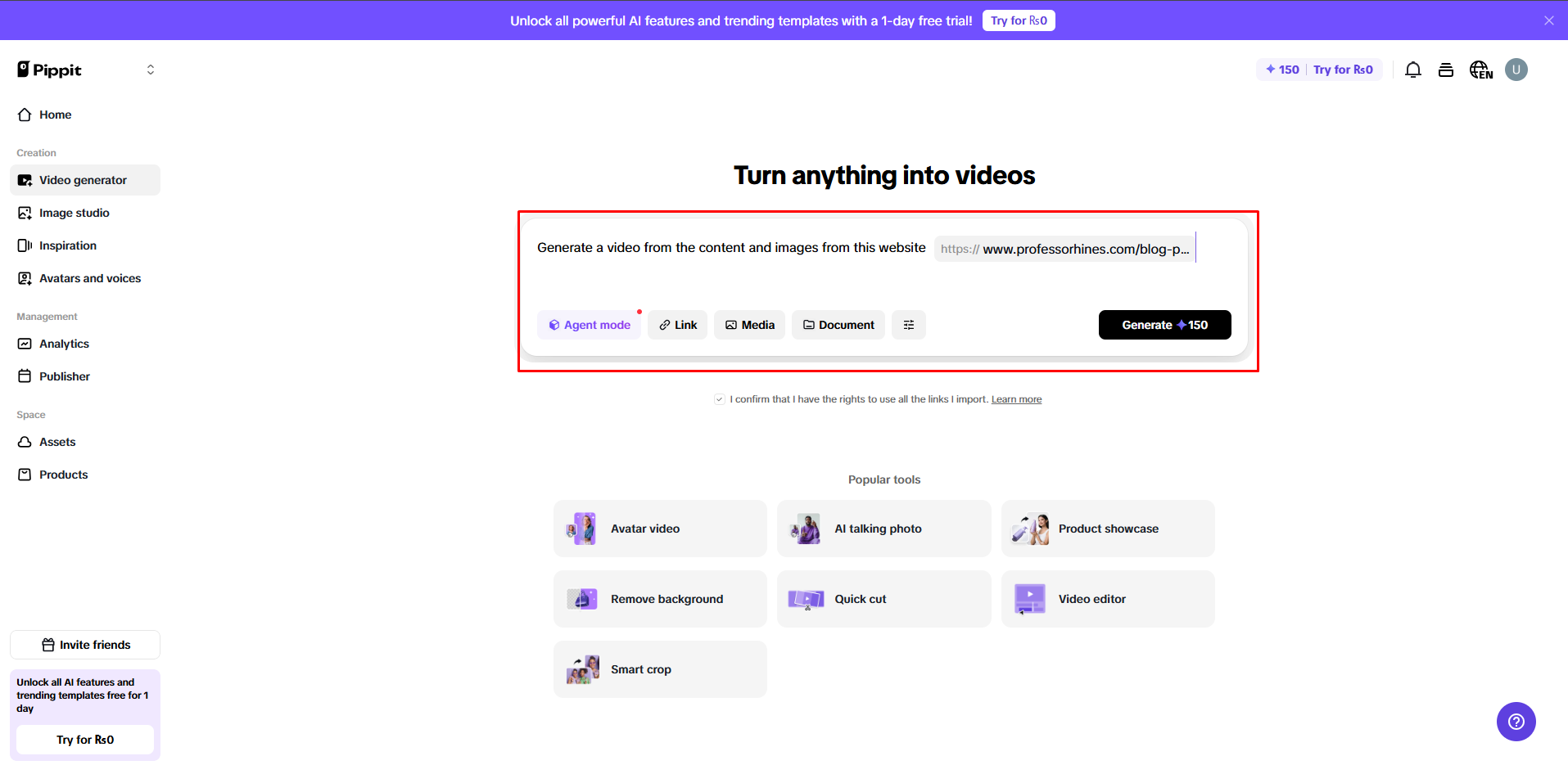 Turning a link to a video with CapCut Web