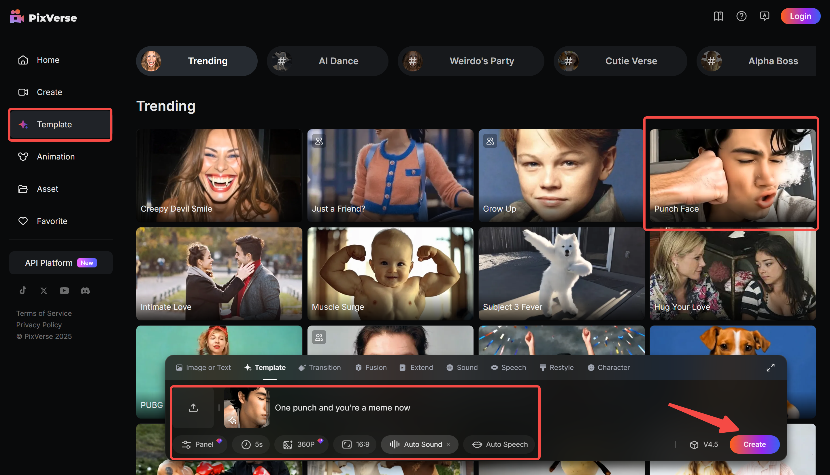 ภาพแสดงวิธีการใช้เอฟเฟกต์ใบหน้าหมัดบน PixVerse