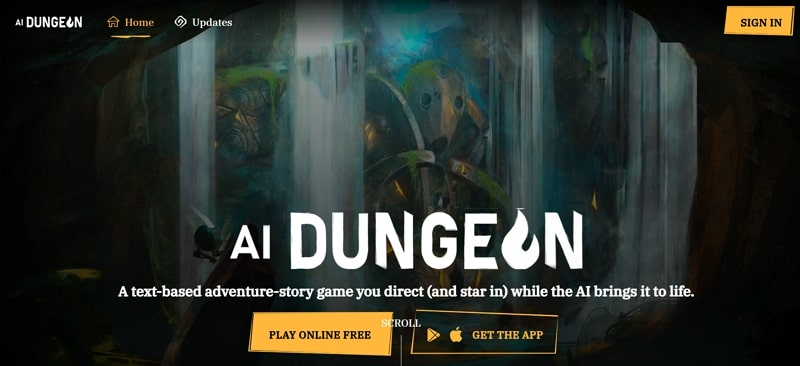 AI Dungeon textbaserat äventyr AI-videospelgränssnitt