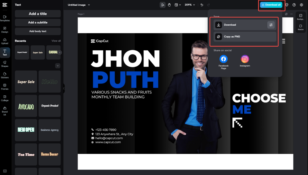 Exporting the business card in CapCut