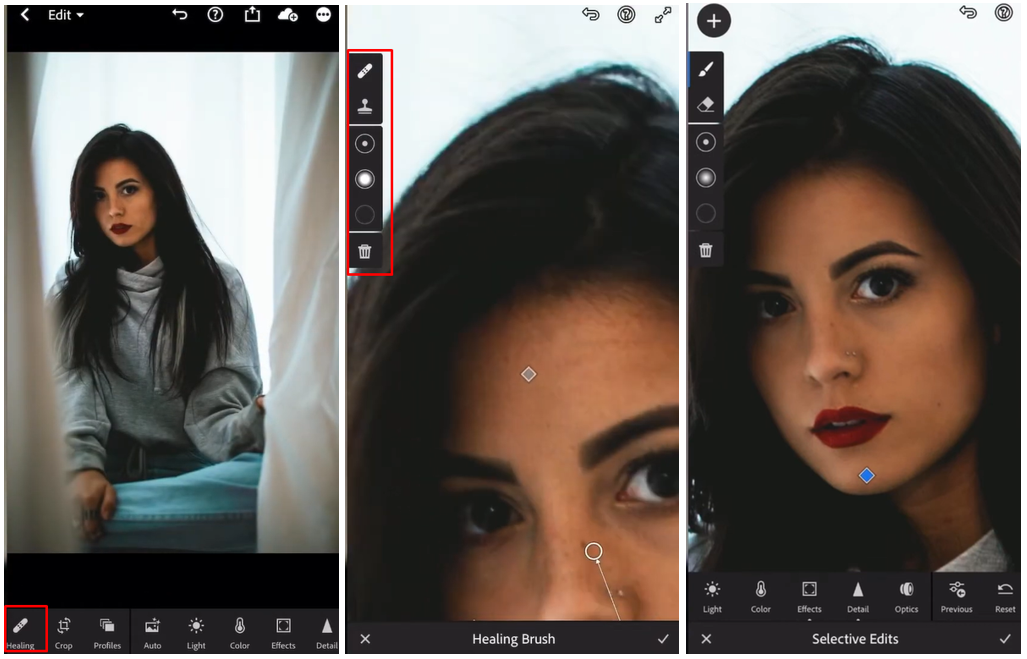 Imagen que muestra cómo hacer la reducción de ojos rojos en Lightroom móvil con la herramienta de curación
