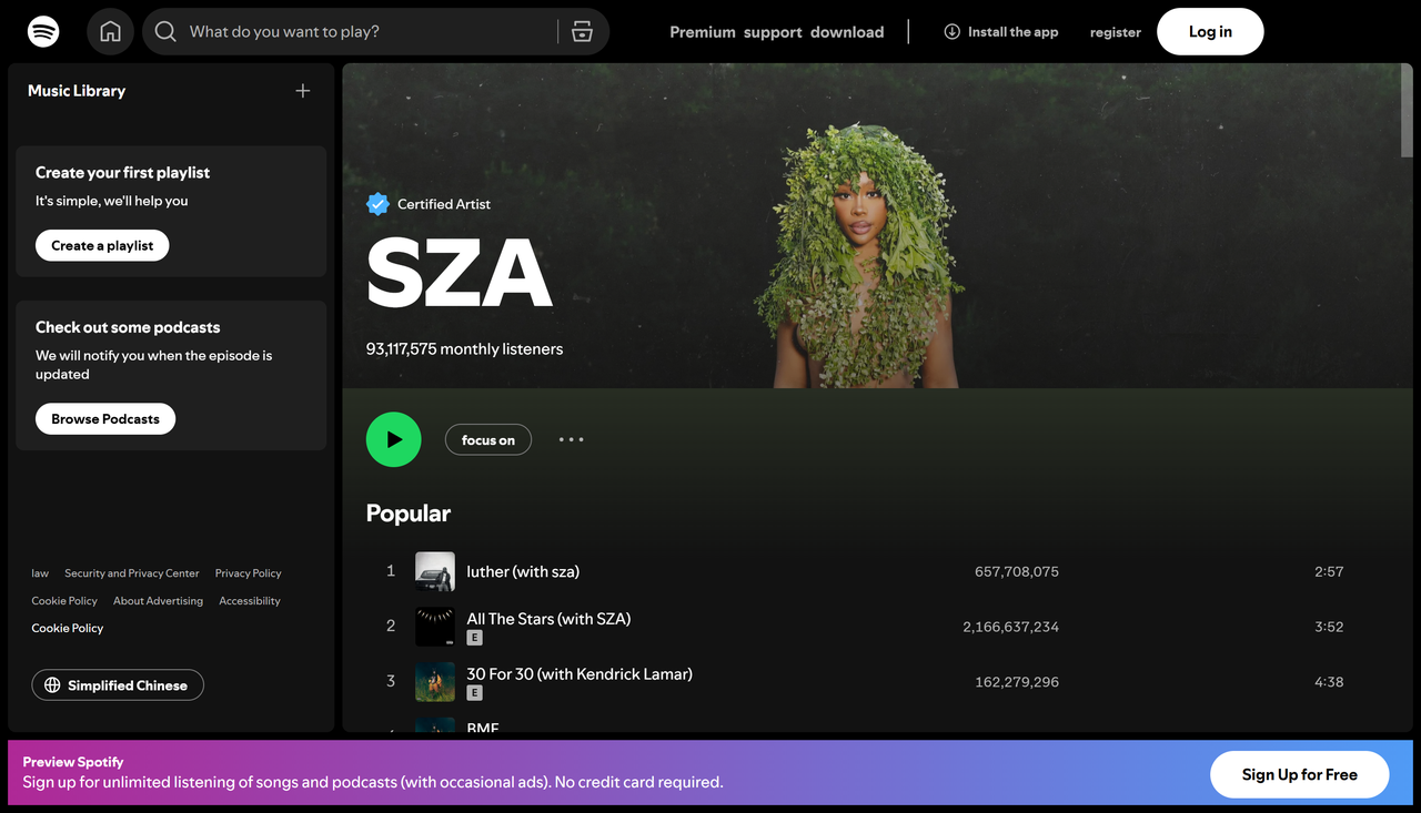 Artis dari lagu yang paling banyak diputar di Spotify minggu ini: SZA