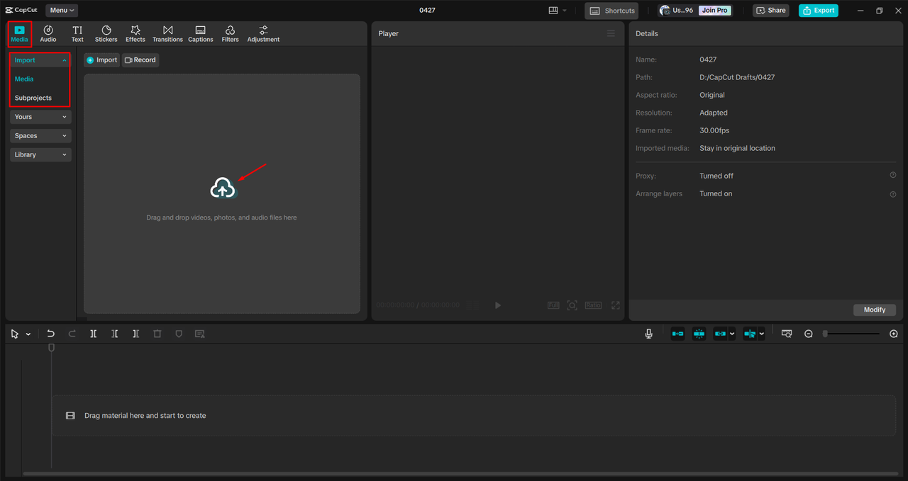 Importing a video into the CapCut desktop video editor