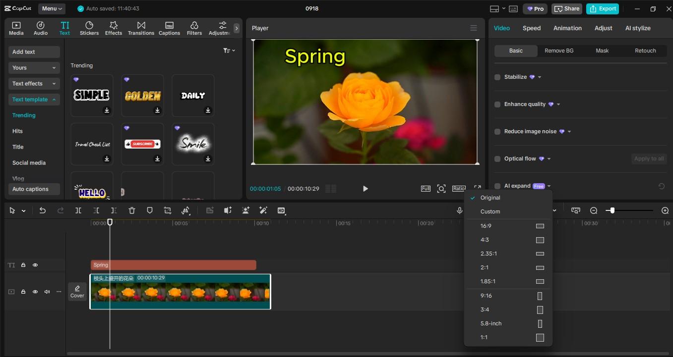 Interface de l' CapCut éditeur vidéo de bureau