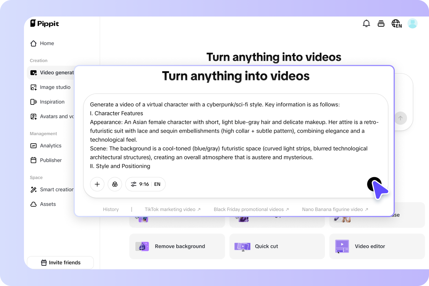 Creating video on Pippit