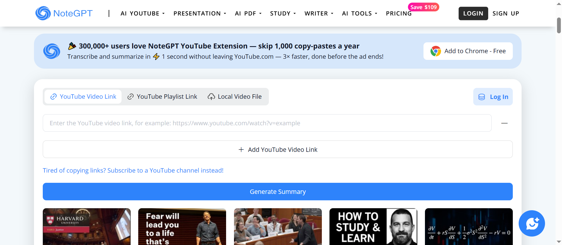 Interface of NoteGPT - best free YouTube video summarizer