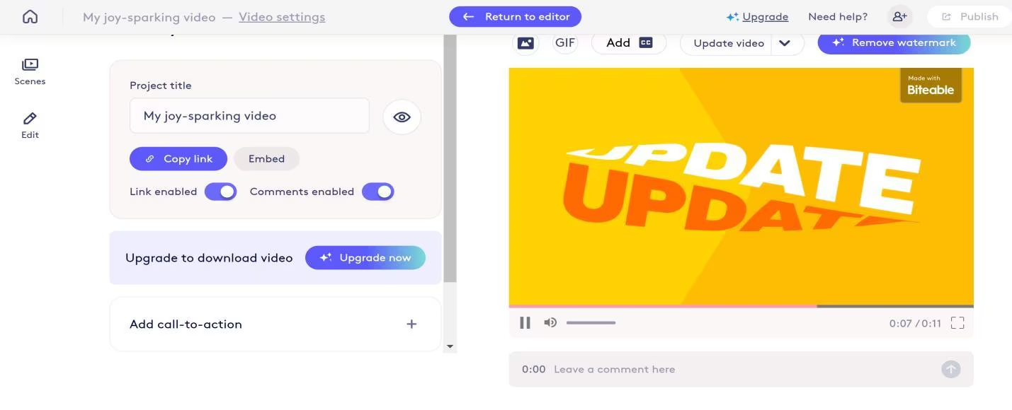 Interface of Biteable - cel mai apreciat instrument pentru a crea animații gratuite pentru tablă albă