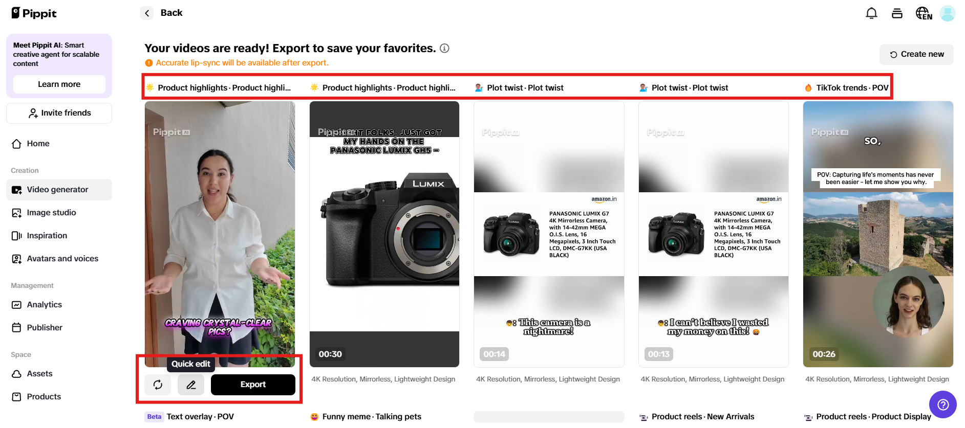 Preview generated videos and click Quick edit