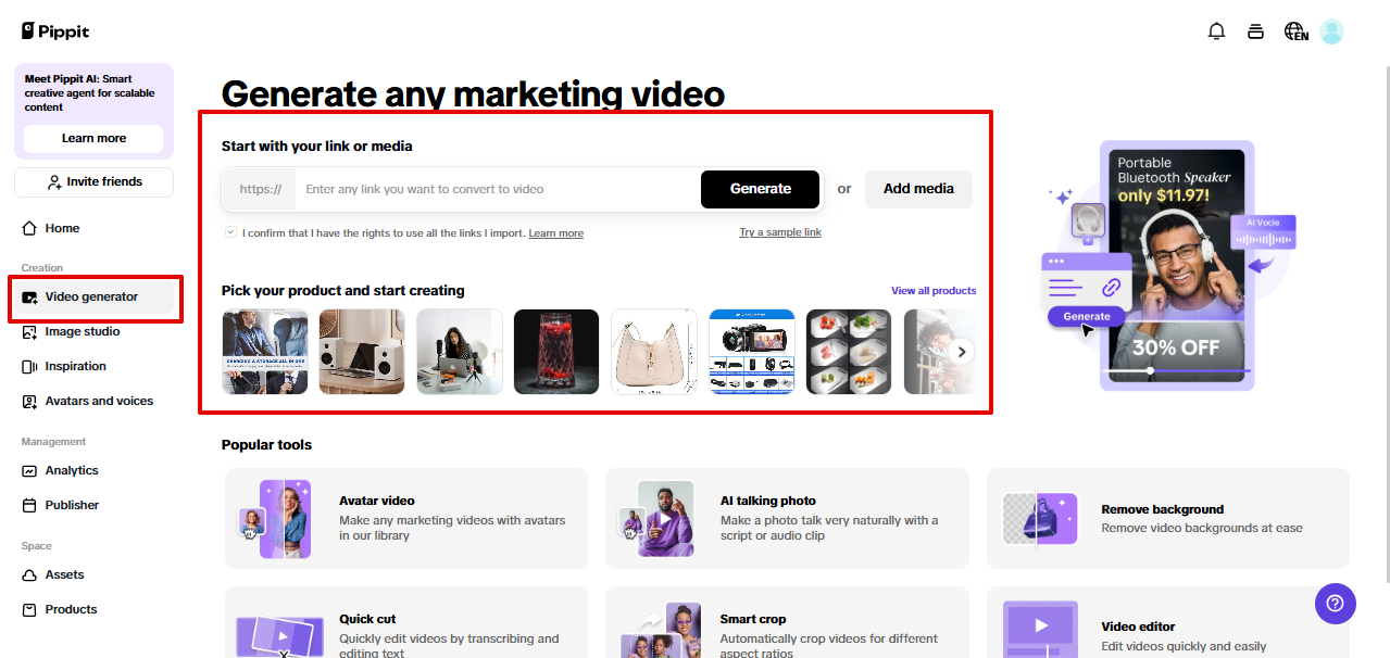 Generowanie wideo w Pippit