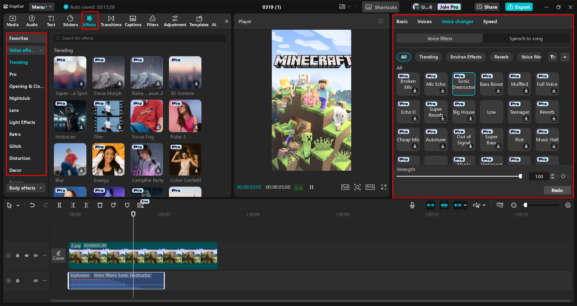 CapCut masaüstü video düzenleyicisinde bir Minecraft YouTube Kısa düzenleme