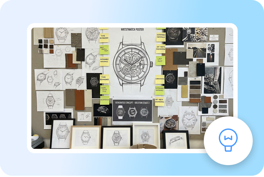 AI-generovaný koncept plakátu na náramkové hodinky zobrazující kreativní nápady.