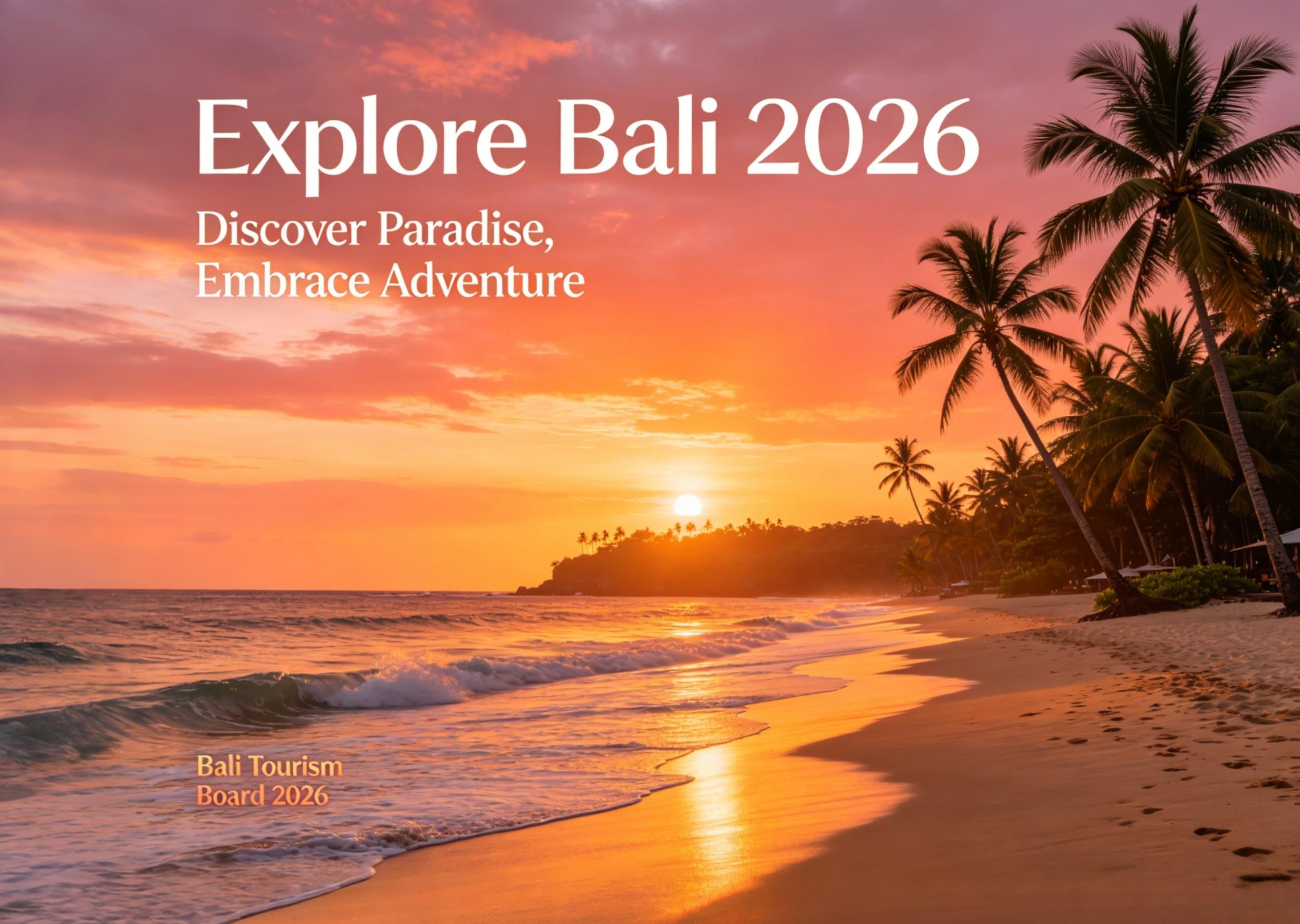 Generate a travel promotional poster for “Explore Bali 2026”