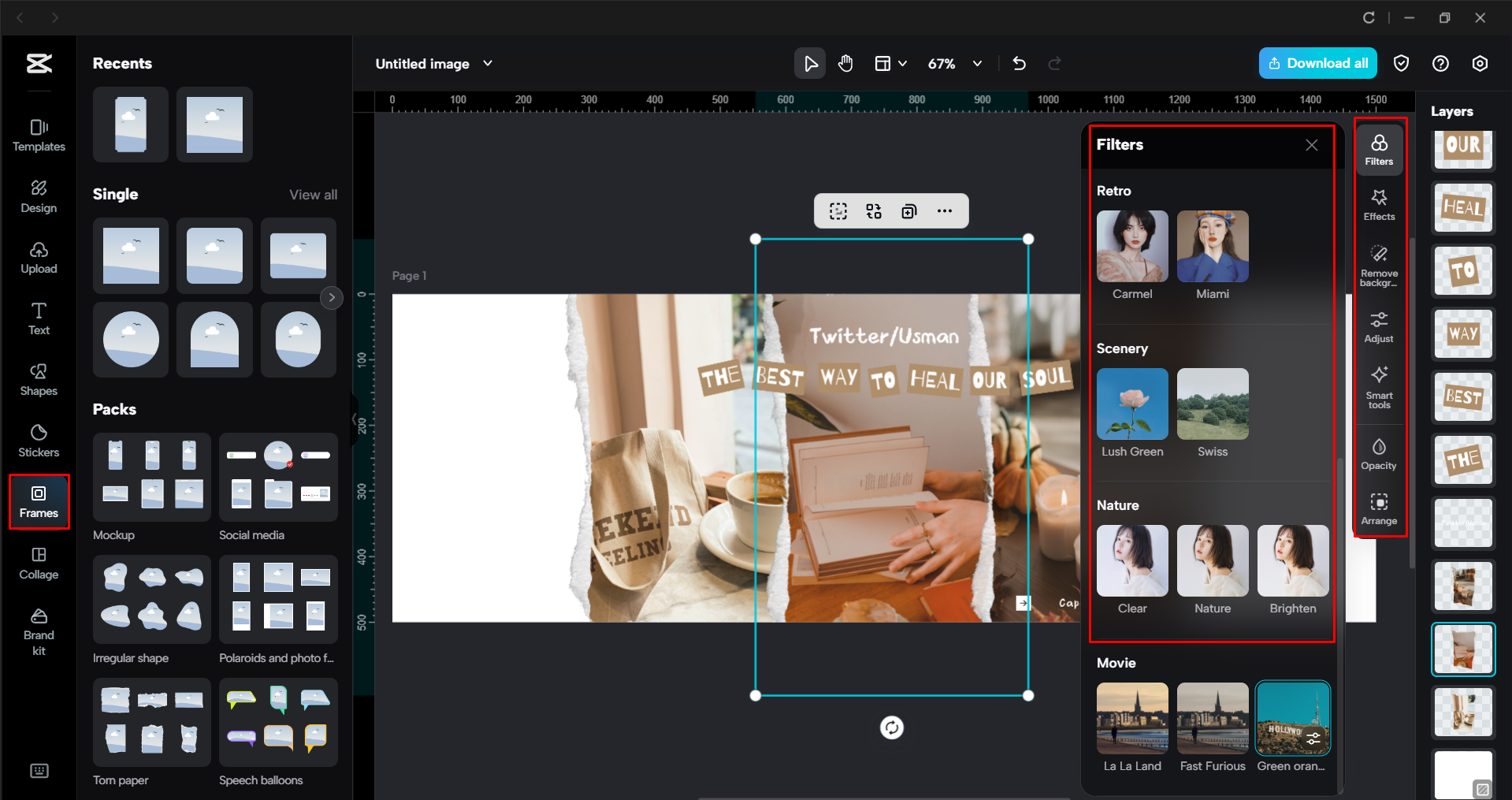 Editing and applying filters to a Twitter header in the CapCut desktop video editor
