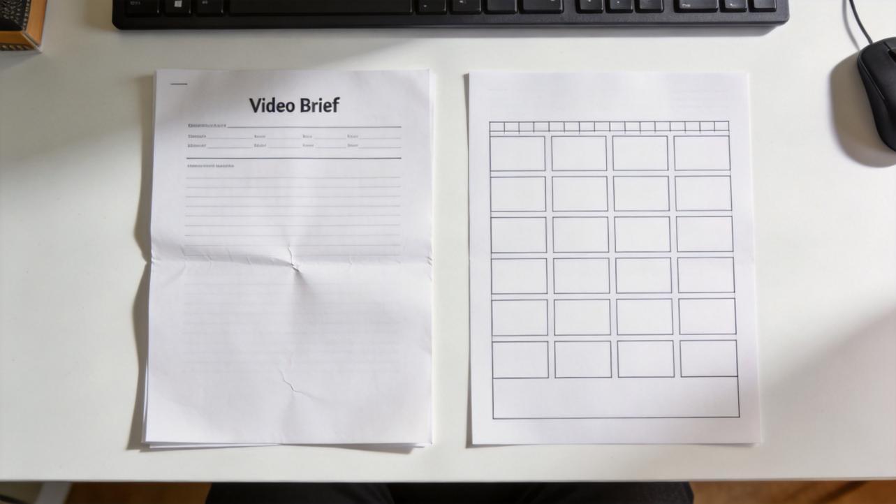 Video brief and storyboard template sheets on a desk