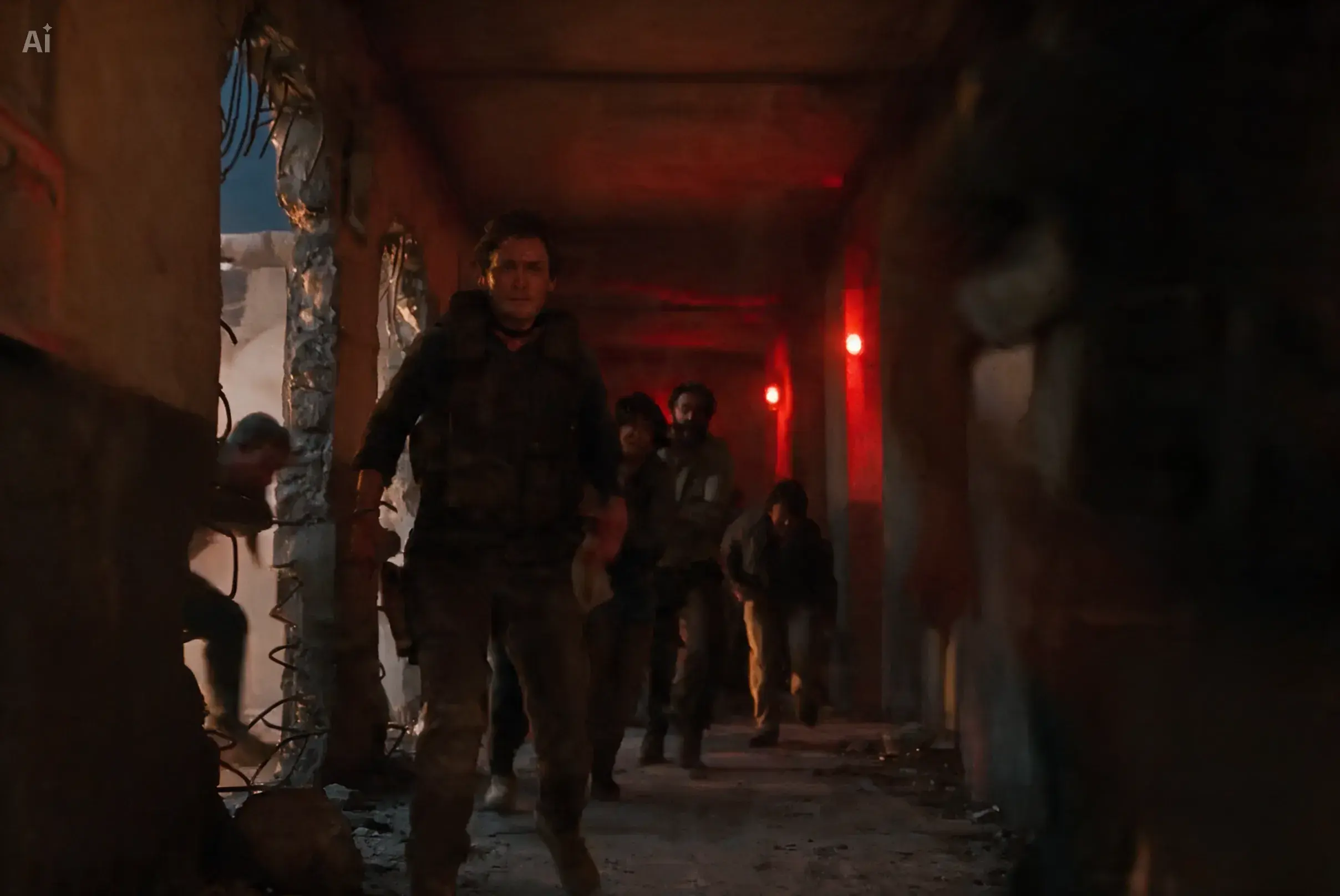 A violent explosion erupts behind the group, sending sparks and debris through the corridor.