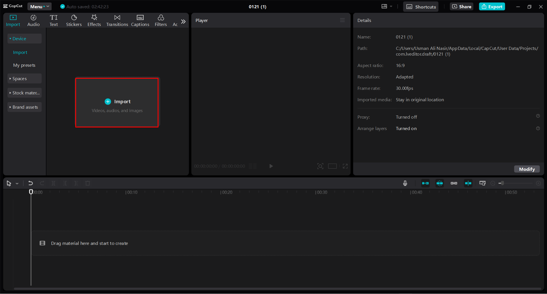 Importazione di un video nell' CapCut editor video desktop