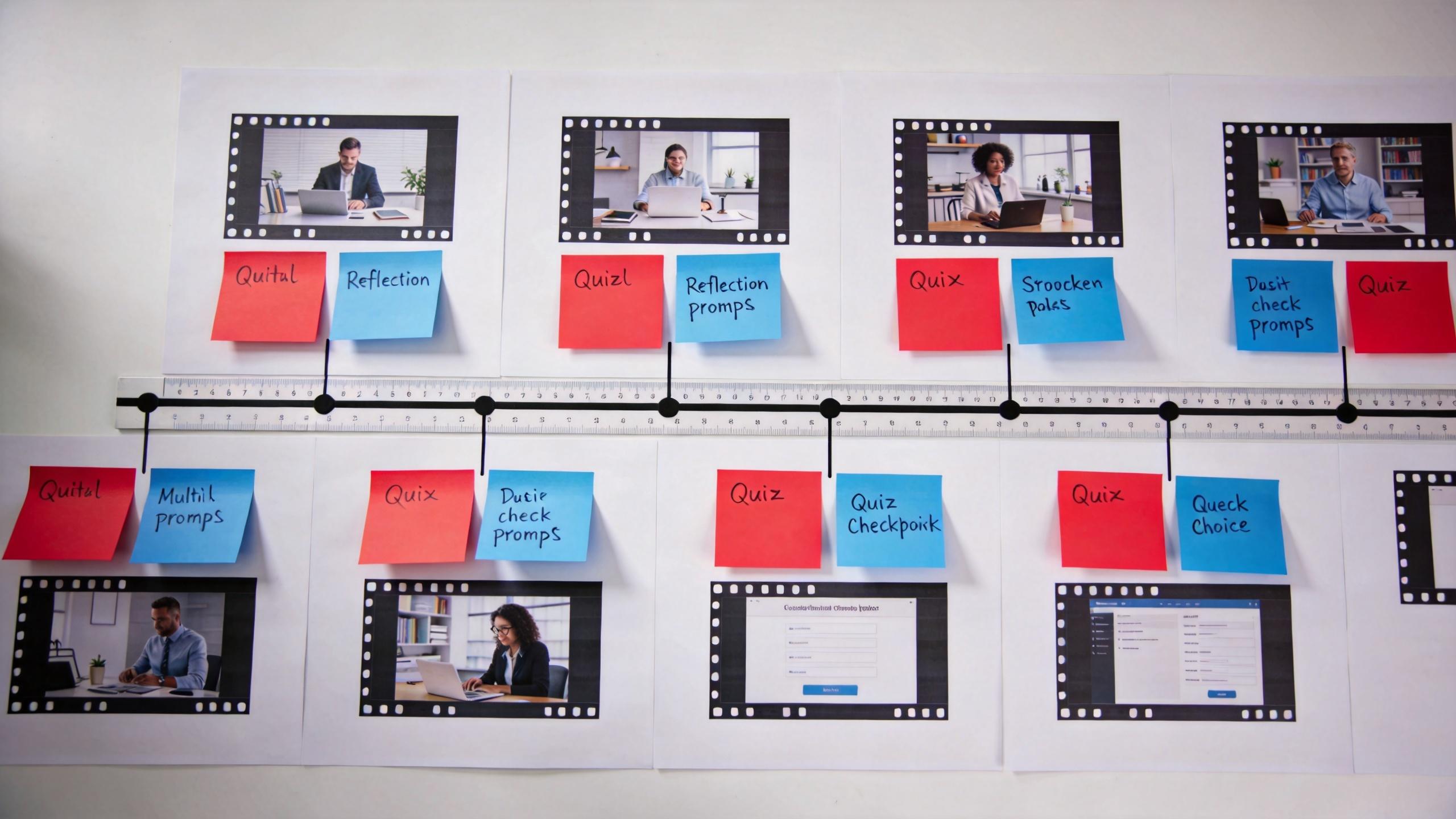 Timeline of sticky-note quiz prompts and reflection points alongside filmstrip thumbnails