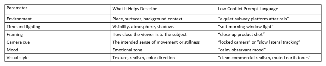 Table showing prompt parameters, what they describe, and example language