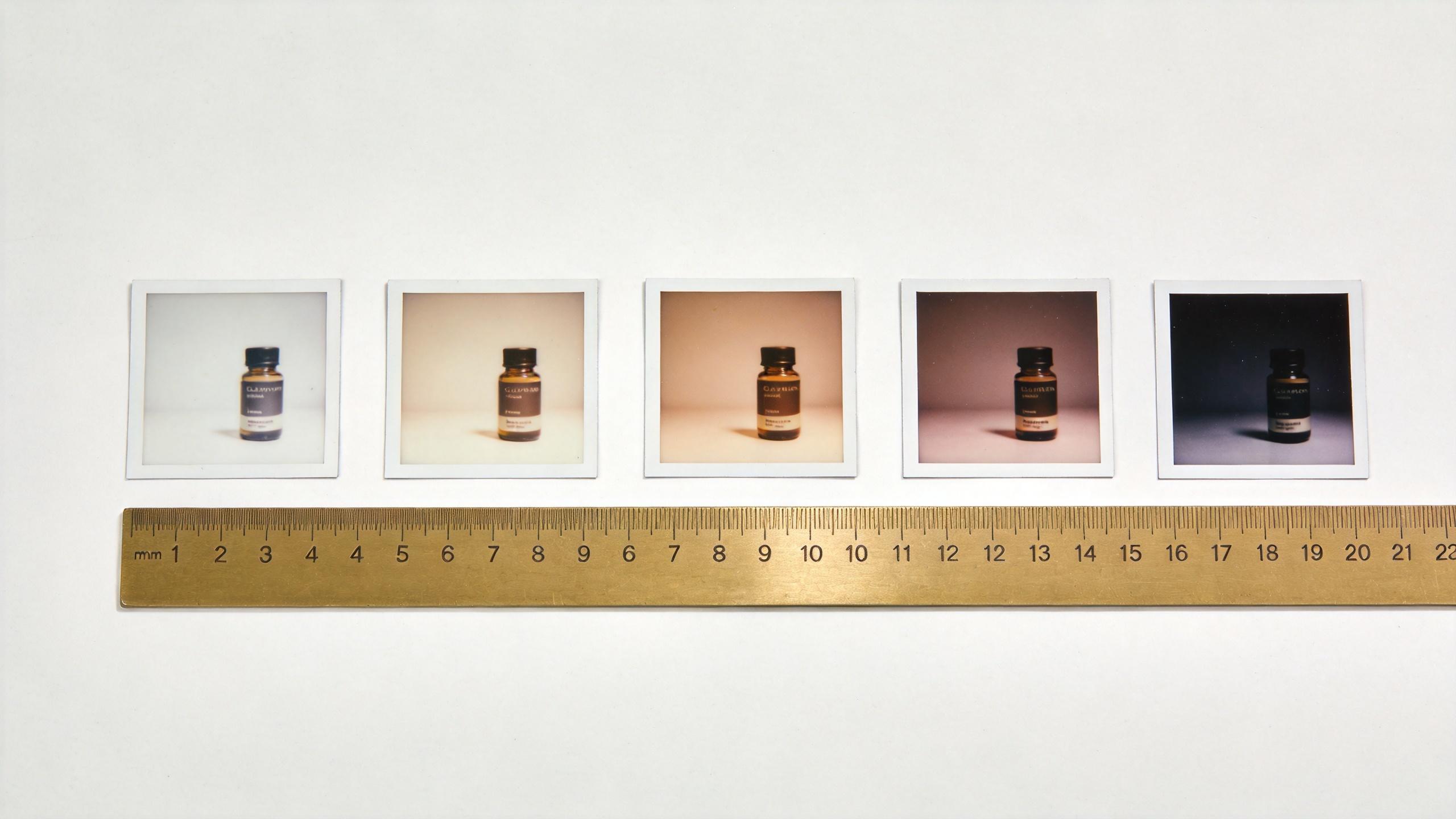 Five Polaroid-style photos show the same bottle with different color tones above a ruler