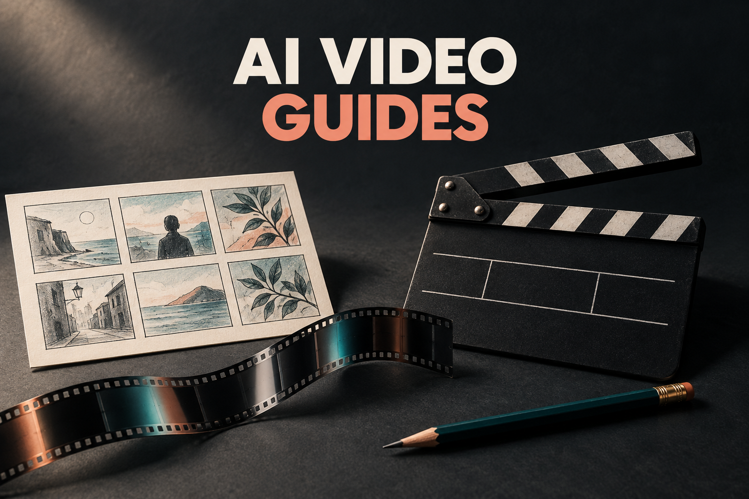 AI VIDEO GUIDES title above a storyboard film strip slate and pencil