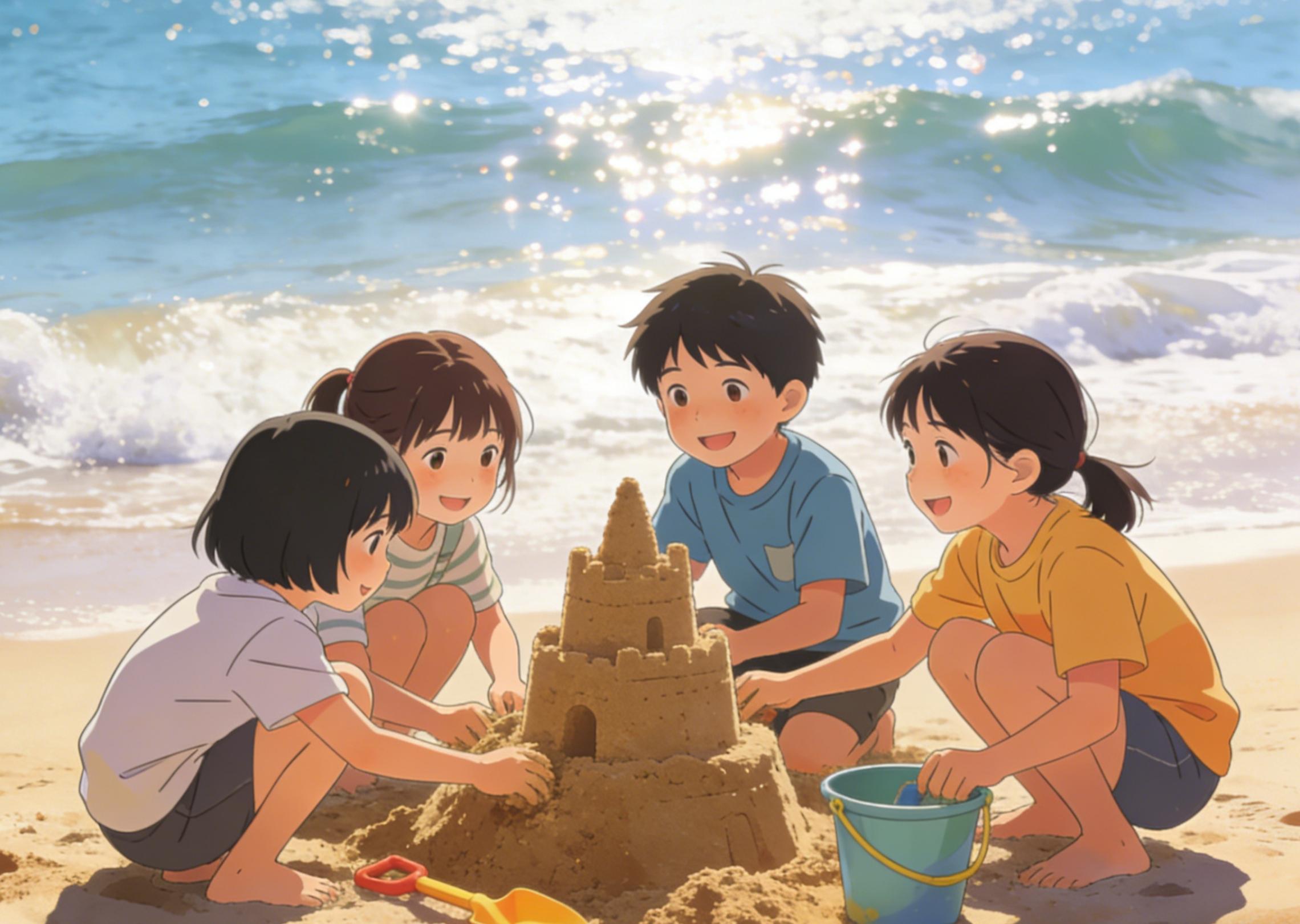 Generate a story video of children building sandcastles on the beach