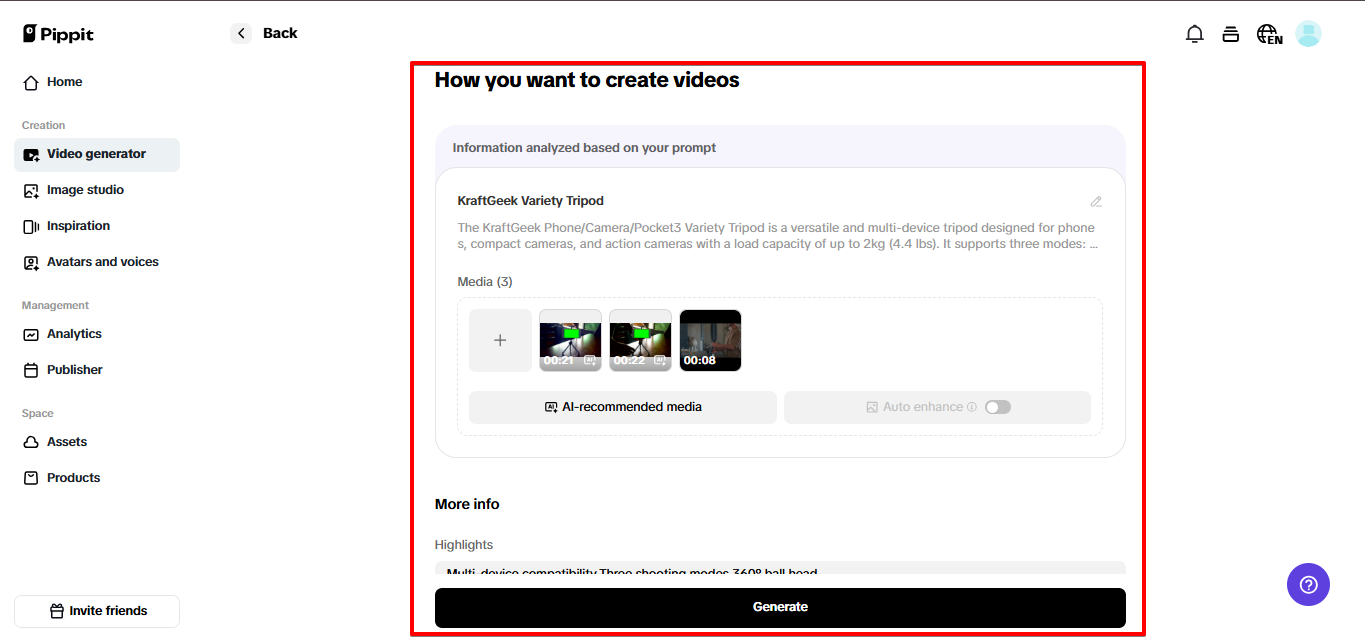 Generando video en Pippit