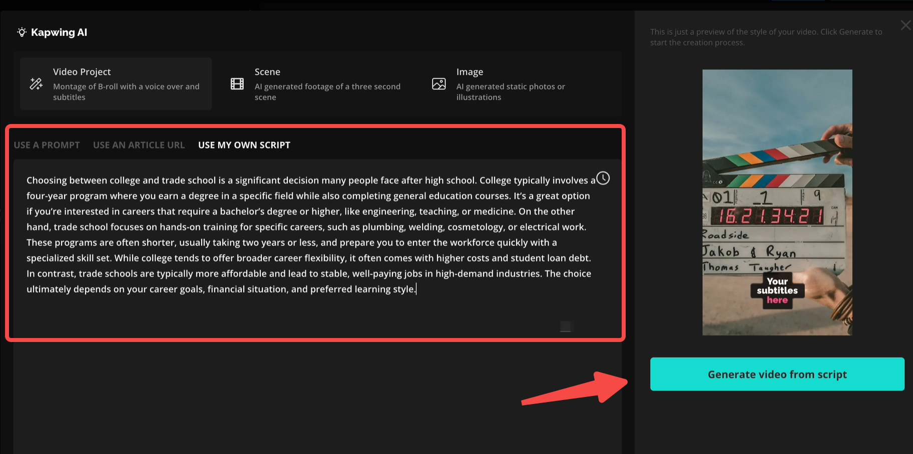 Enter the video prompt in the Kapwing text to video generator