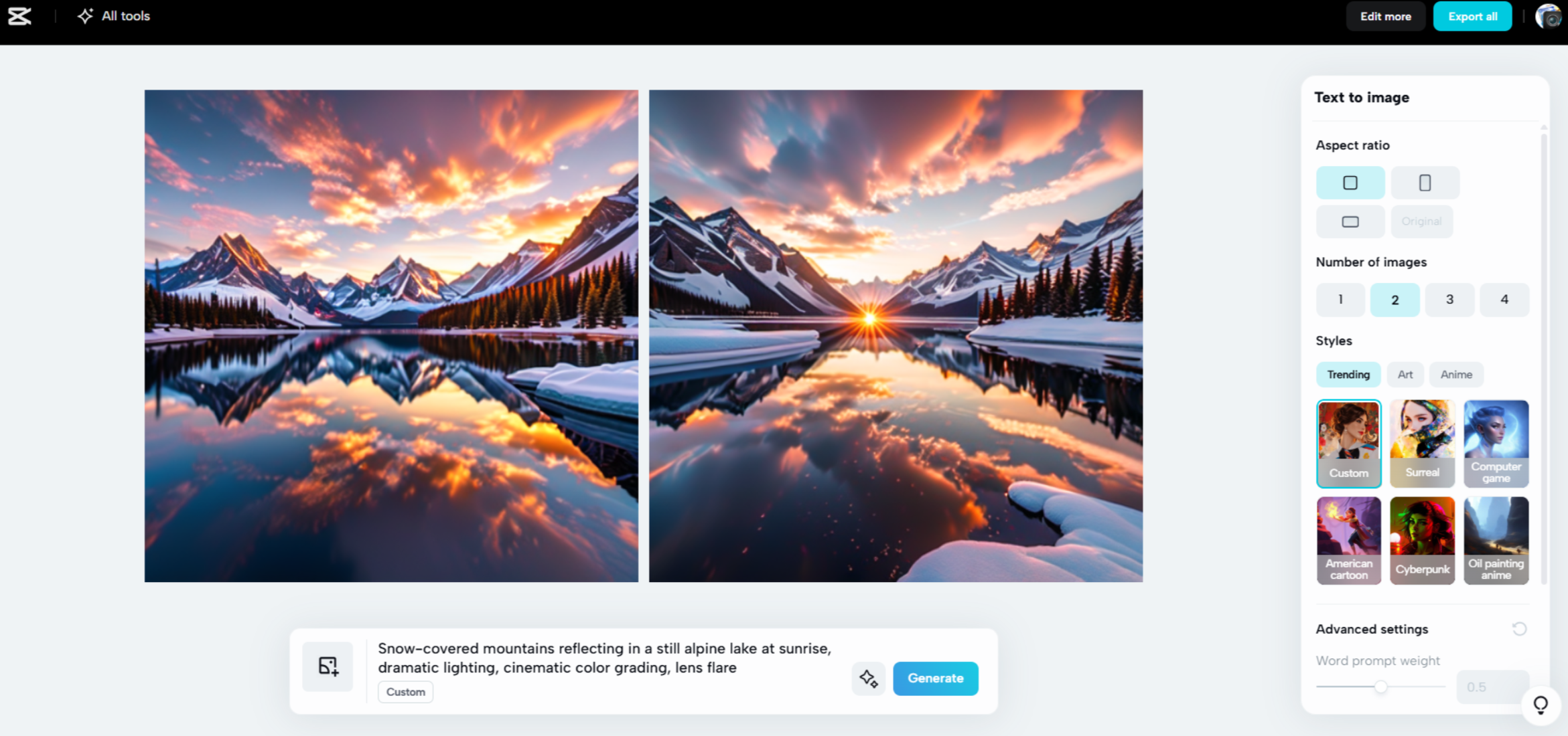 Interface of CapCut Web - an easy way to generate images with AI 