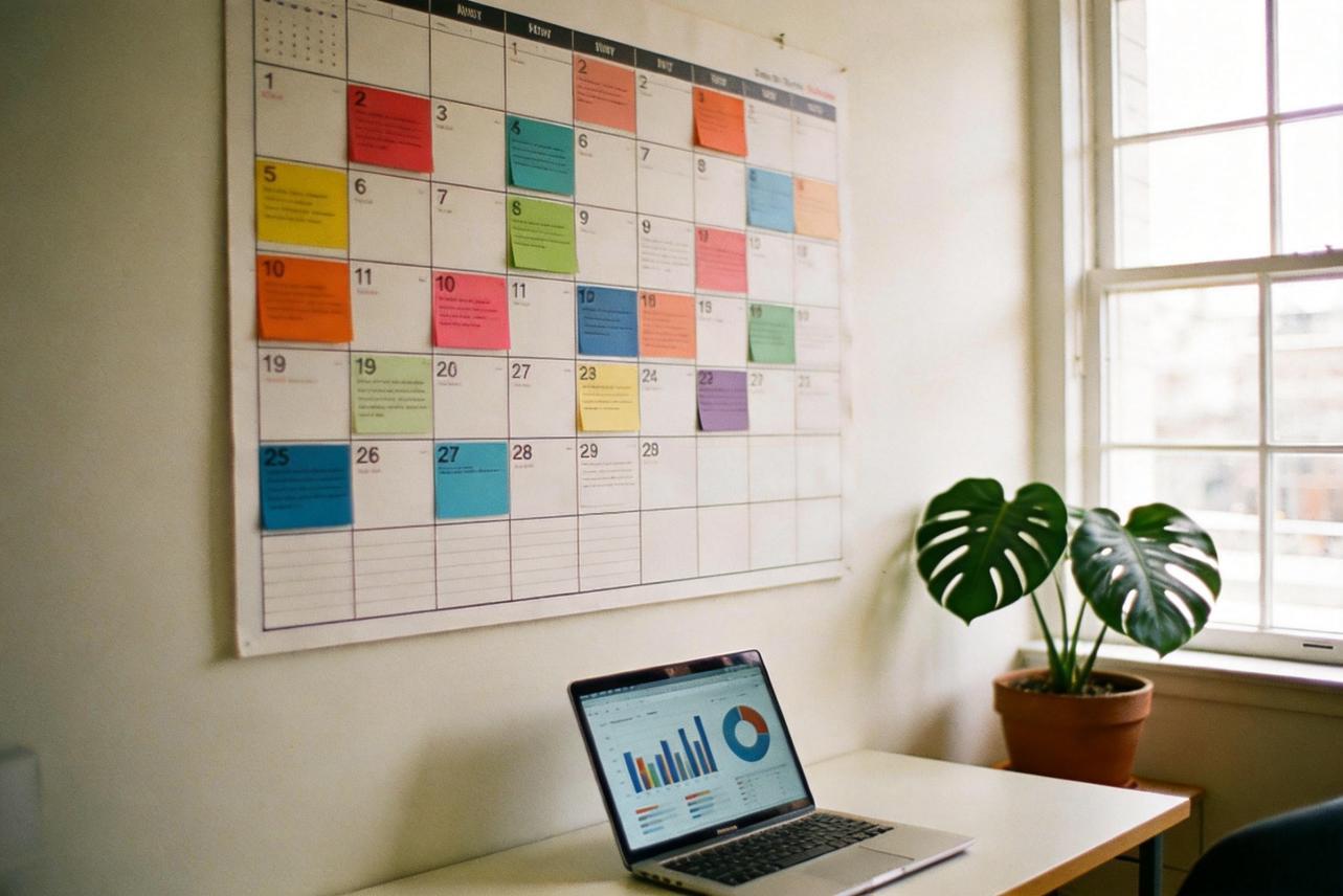 Wall calendar with color-coded notes above a laptop showing charts beside a potted plant