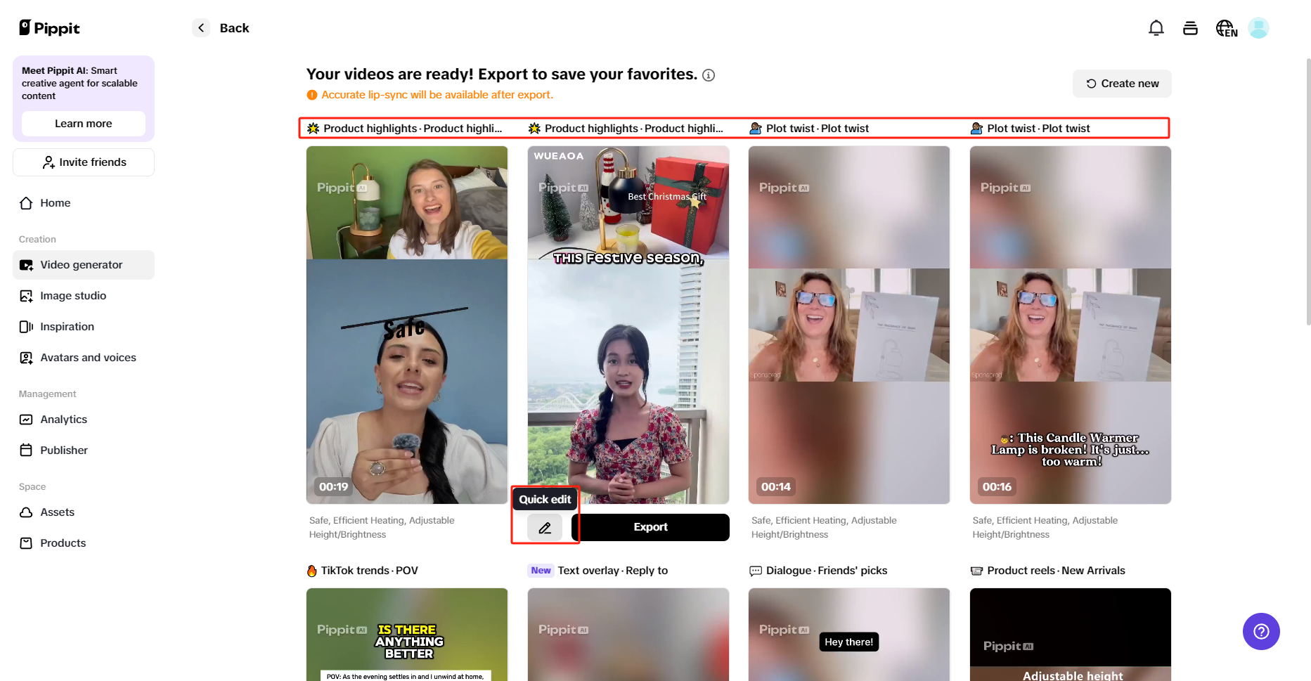 Visualize os vídeos gerados e escolha Edição rápida