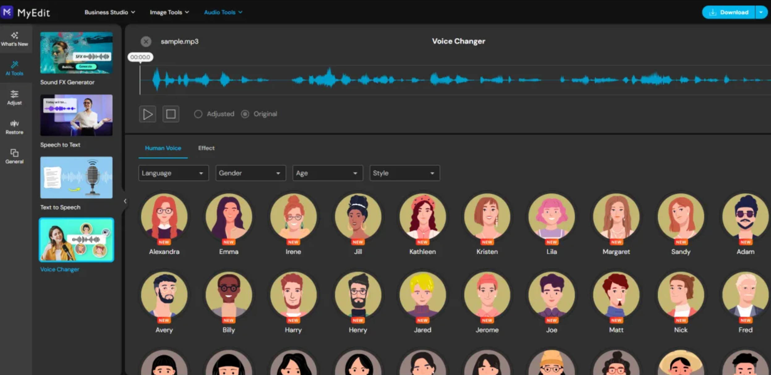 Interface of MyEdit - a user-friendly free online voice changer