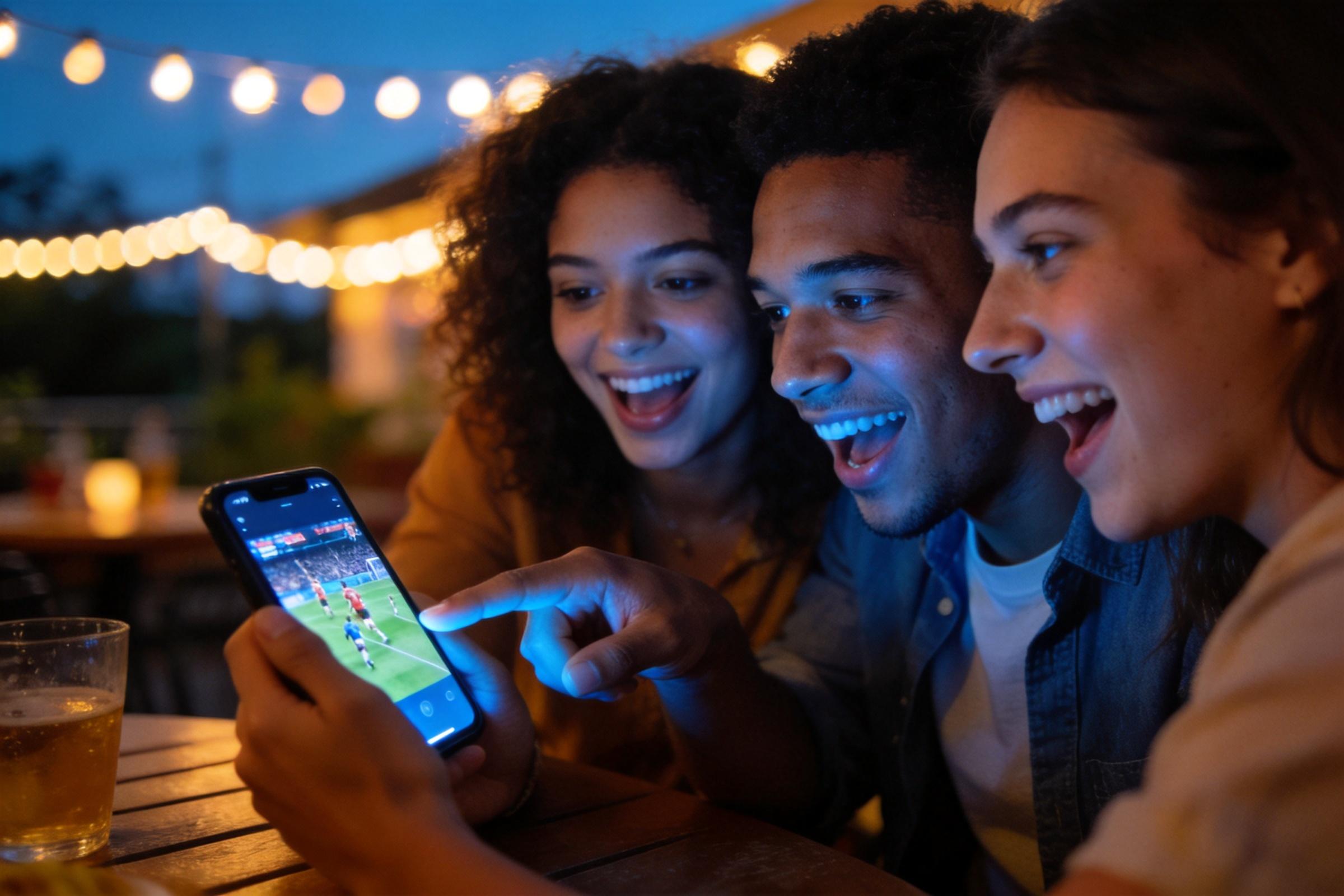 Three friends react excitedly while watching a soccer match on a smartphone at a table