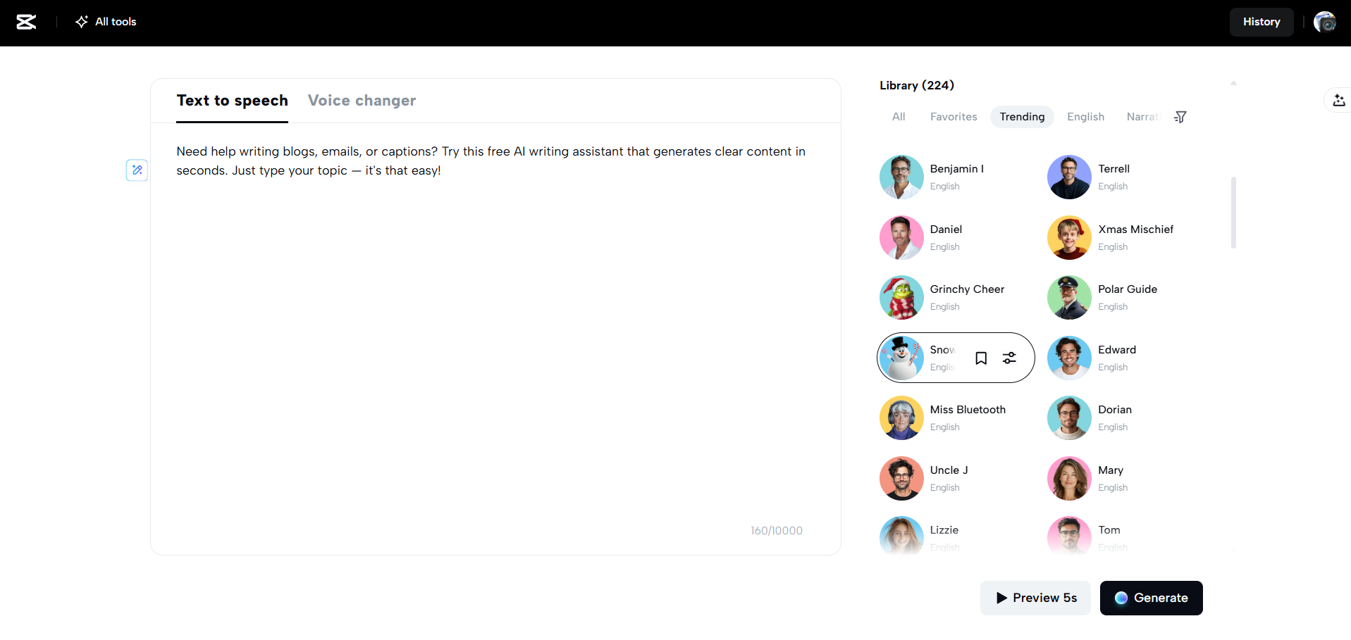 Interface of CapCut Web - the most liked funny text to speech converter