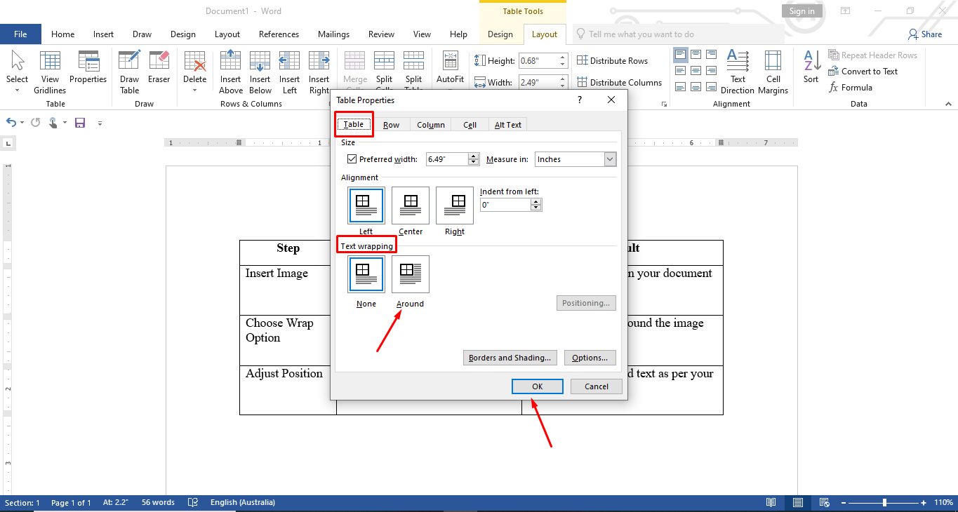 Emballer un mot dans un tableau sur Microsoft Word