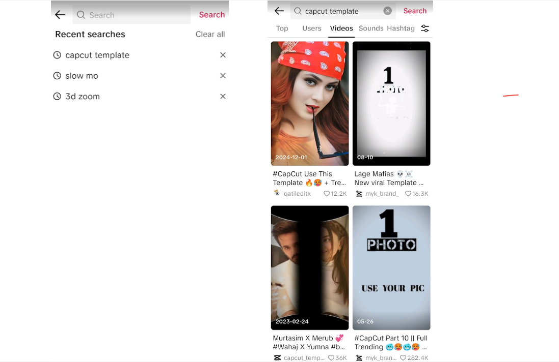 TikTok 검색 결과에서 CapCut 템플릿 옵션 보기