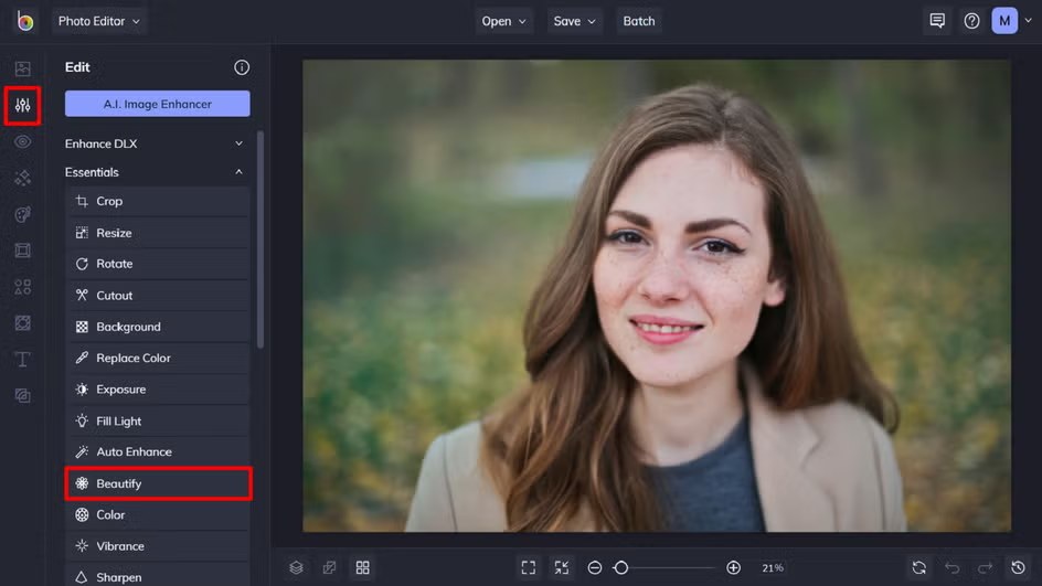 Interface of BeFunky - a diverse beauty photo editor