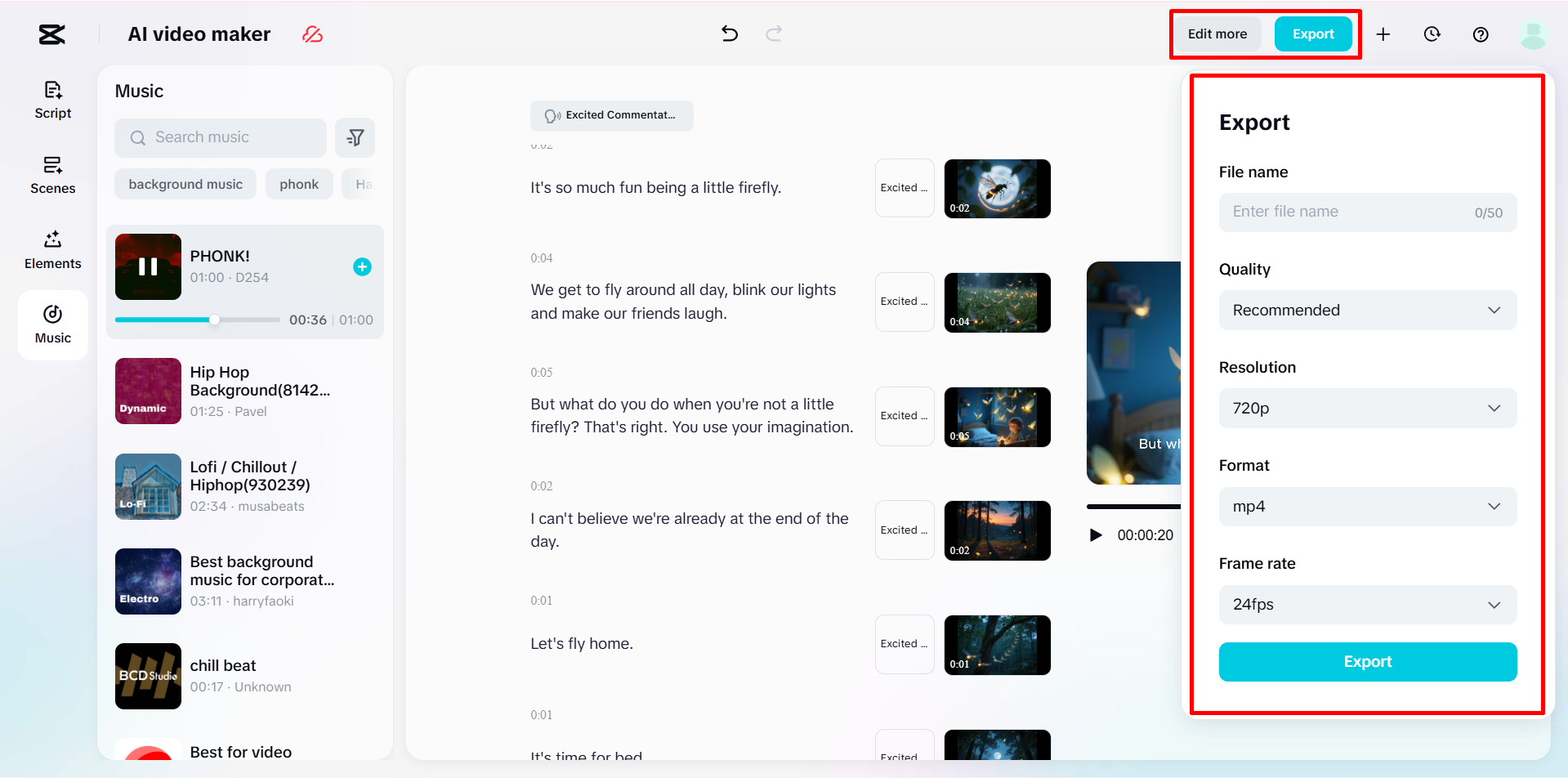 Exporting the video from CapCut's AI video maker