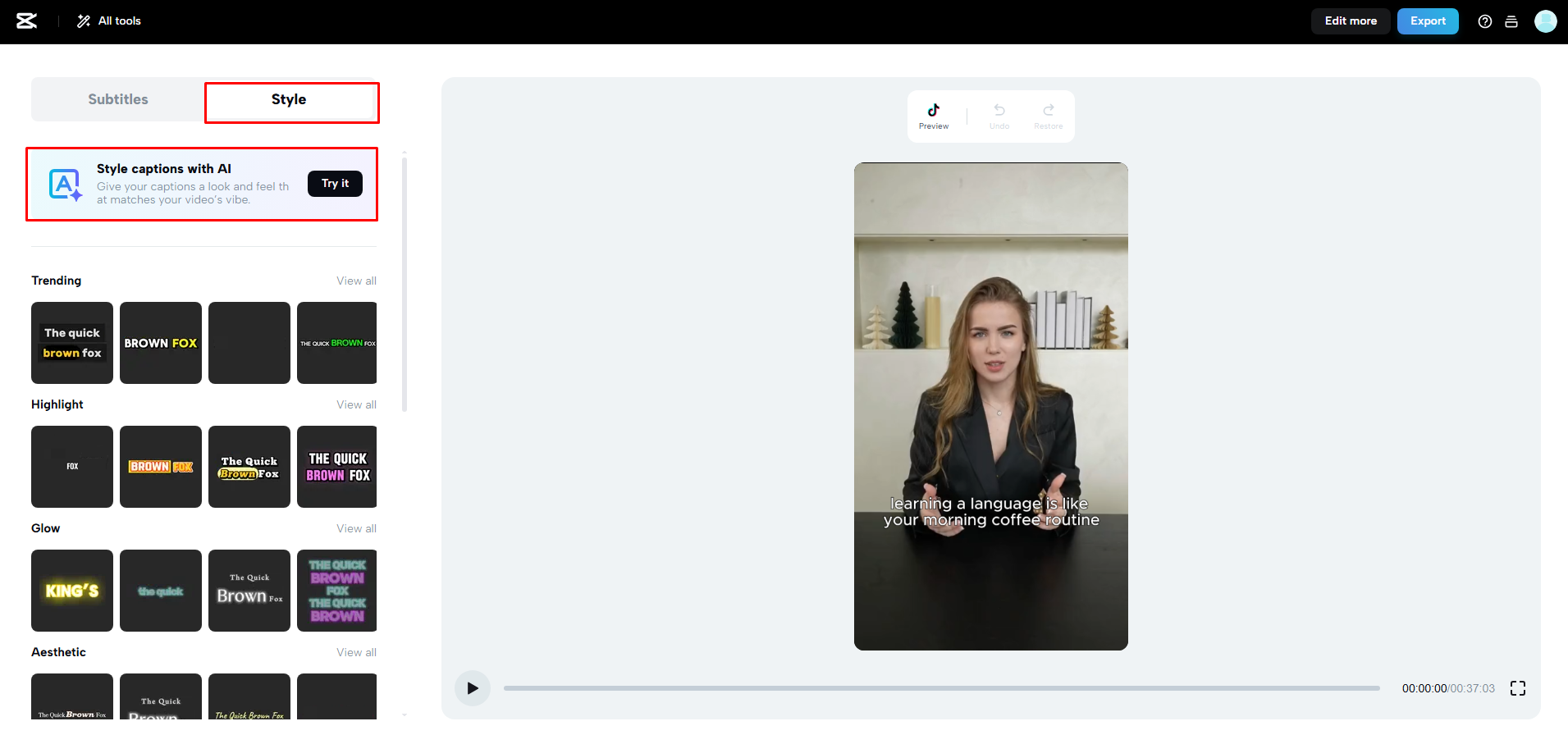 Edit subtitles and choose a style
