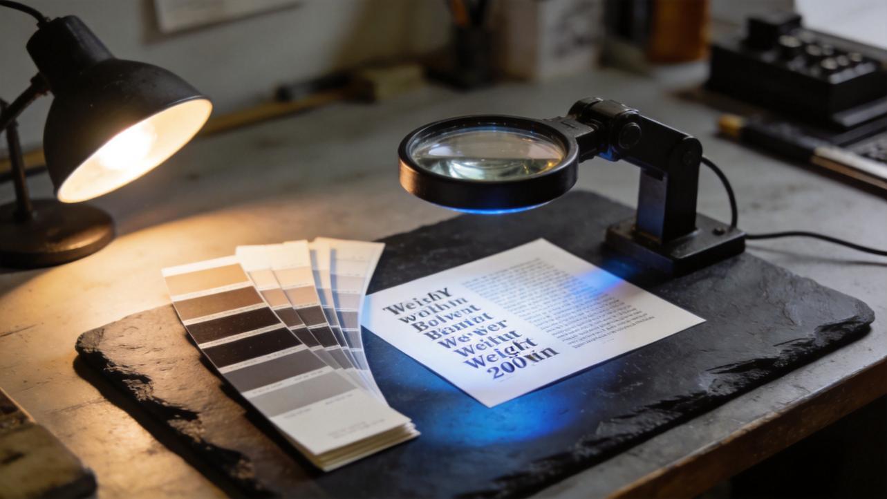 Desk lamp and magnifying glass over a printed page with color swatches