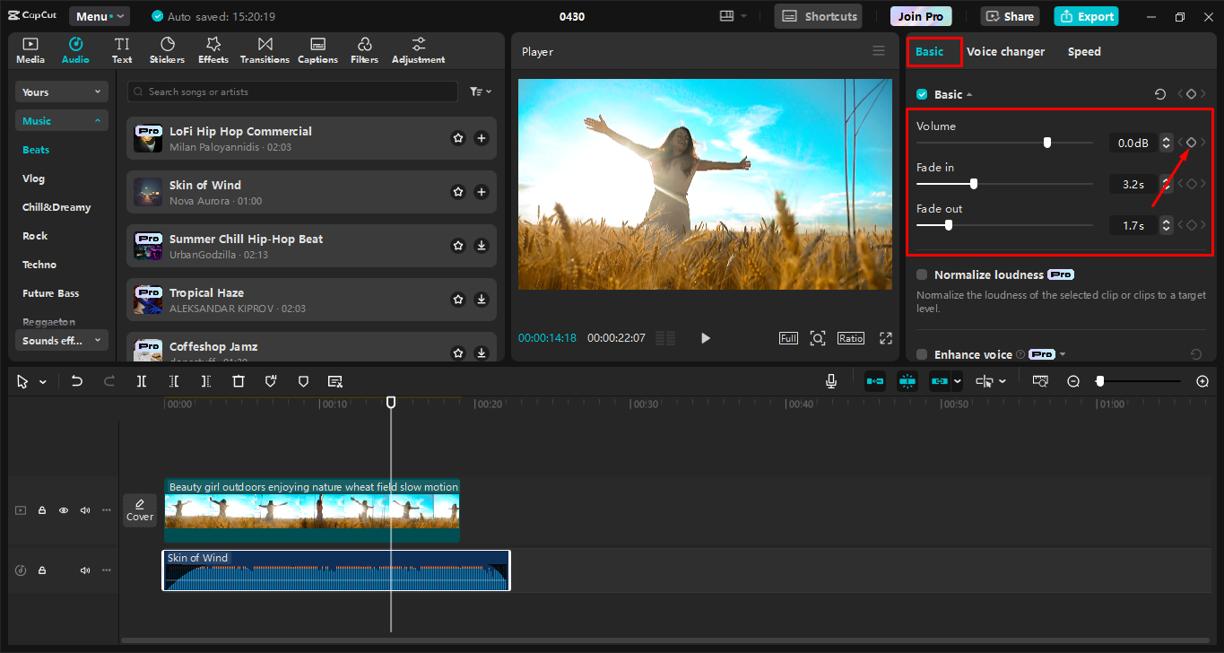 Fade out sound in CapCut desktop video editor