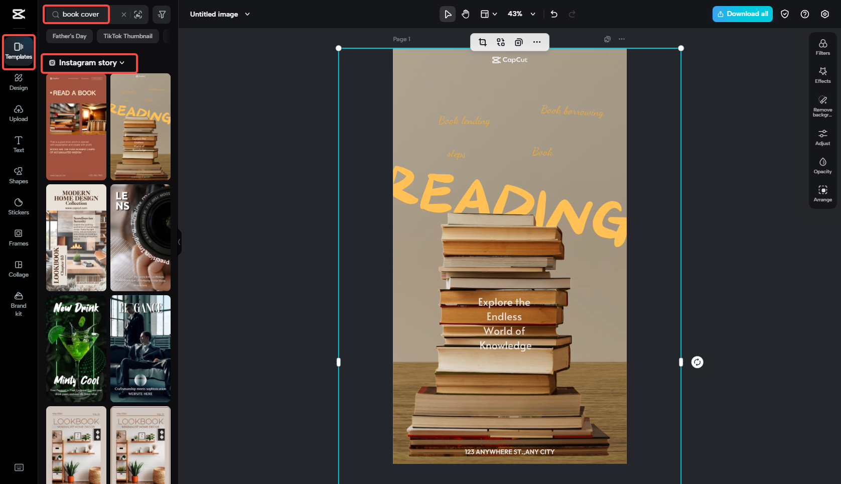 Escolha um modelo de capa de livro no CapCut
