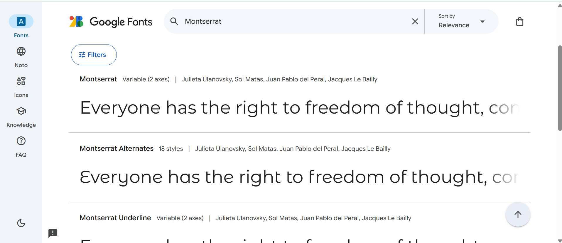 Interface of Google Fonts - the best platform to get the Montserrat font