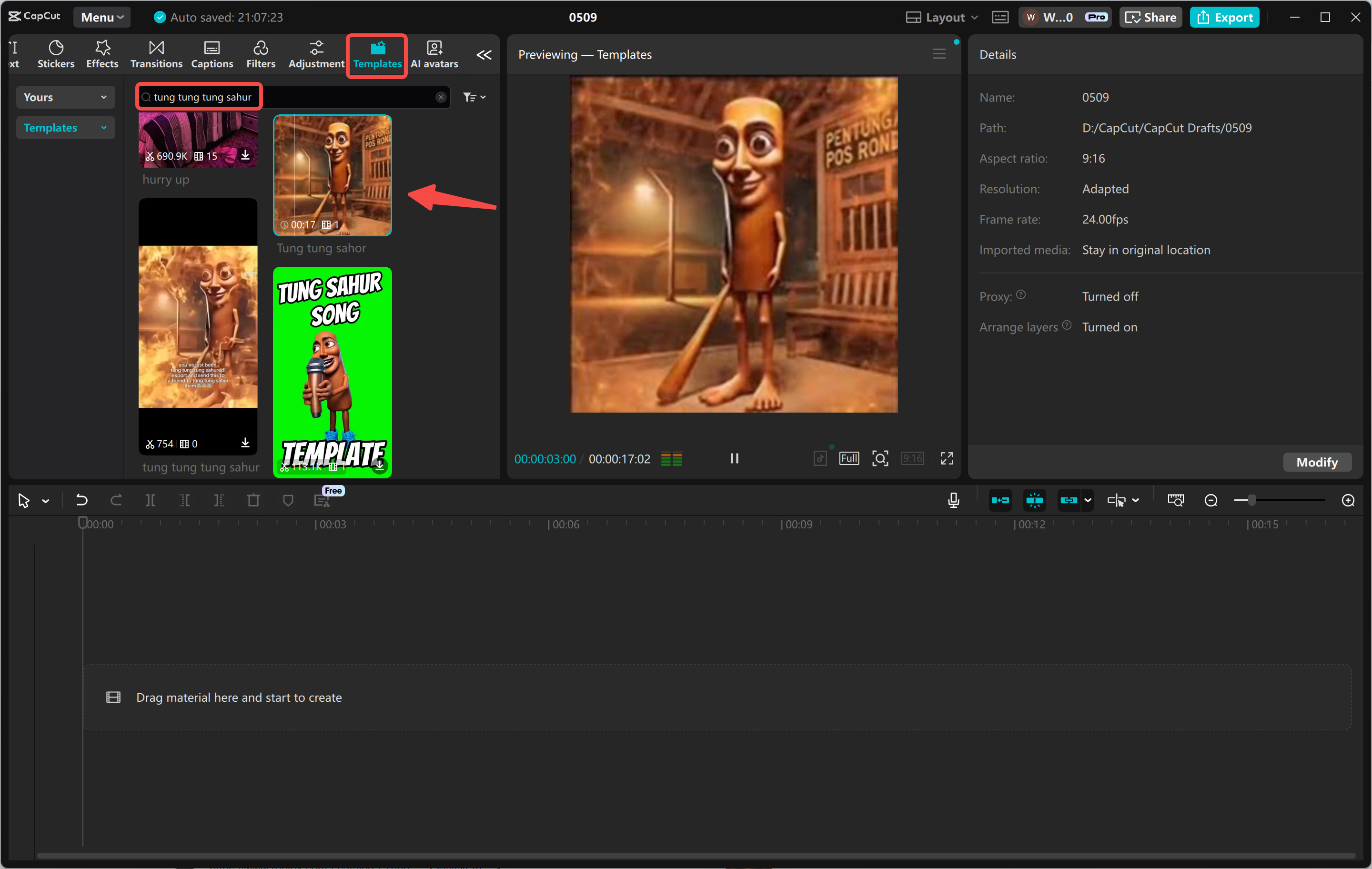 Using the tung tung sahur video template in the CapCut desktop video editor