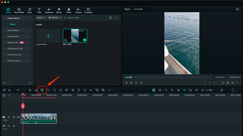 Accessing the crop and zoom tool in Wondershare Filmora